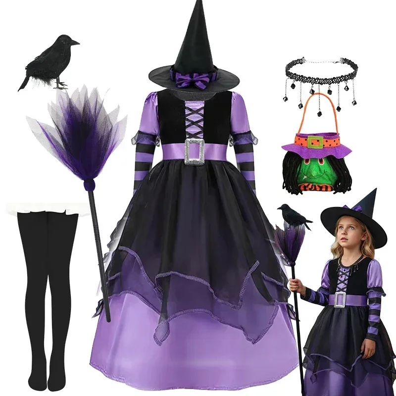 Mädchen Lila-Schwarzes Hexenkostüm 2-teilig Langarm Mehrlagiges Tüllkleid Halloween Trick-Or-Treat Cosplay Party-Outfit – Detail 2
