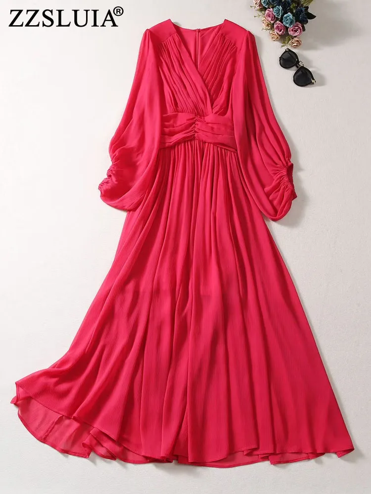 

ZZSLUIA Solid Color Folds Designer Slim Long Dress Fashion Lantern Sleeve V Neck Shirring France Elegant Dresses Female Clothing