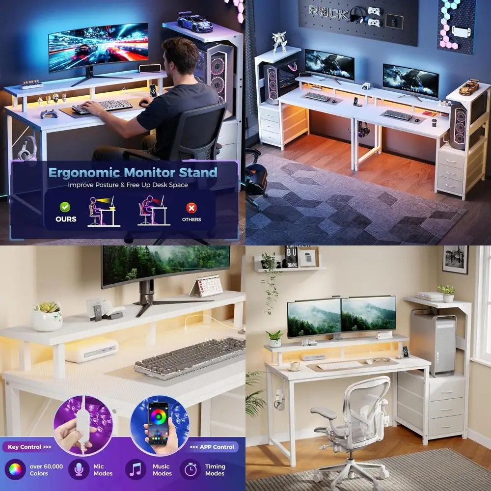White 52 L-Shaped Gaming Desk with LED Lights, Storage Shelves, and Cable Management for Dual Monitor Setups