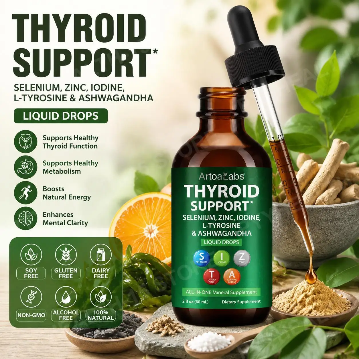 Thyroid Support Liquid Drops with Iodine Selenium Zinc Ashwagandha & L-Tyrosine for Healthy Metabolism Energy Support 60ml
