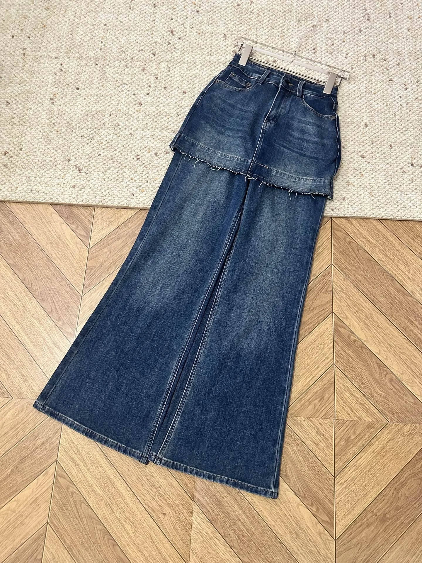 2026 New Arrival Women Fake Two‑Piece Layered Dark Blue High Waist Wide Leg Denim Jeans