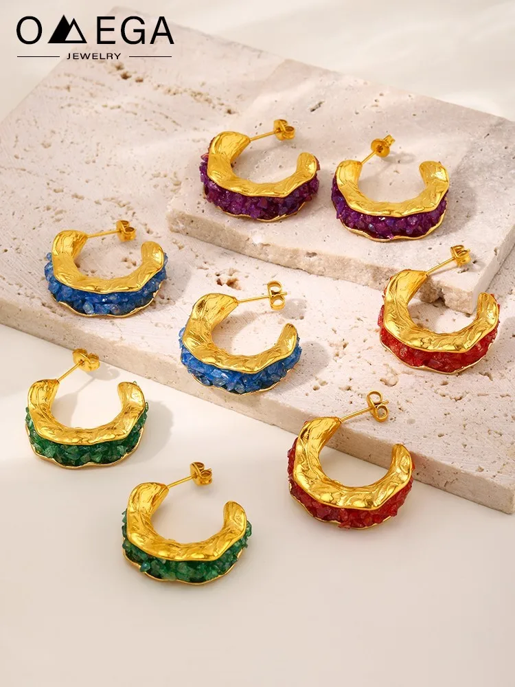 

C Shape Stainless Steel Stud Earrings For Women 18k Gold Plated With Multi Color Crystal Women's Earring Ear Studs Woman Jewelry