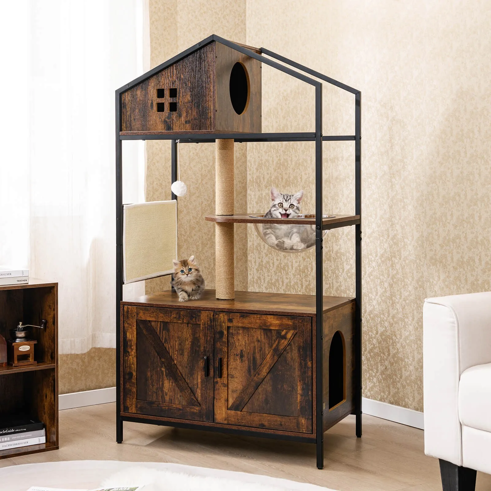 Cat Tree with Litter Box Enclosure w/ Hidden Washroom Scratching Posts & Pad