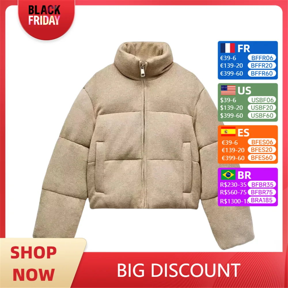 ZARF Winter New Women's Stand Collar Long Sleeve Knitted Puffer Short Warm Cotton Jacket