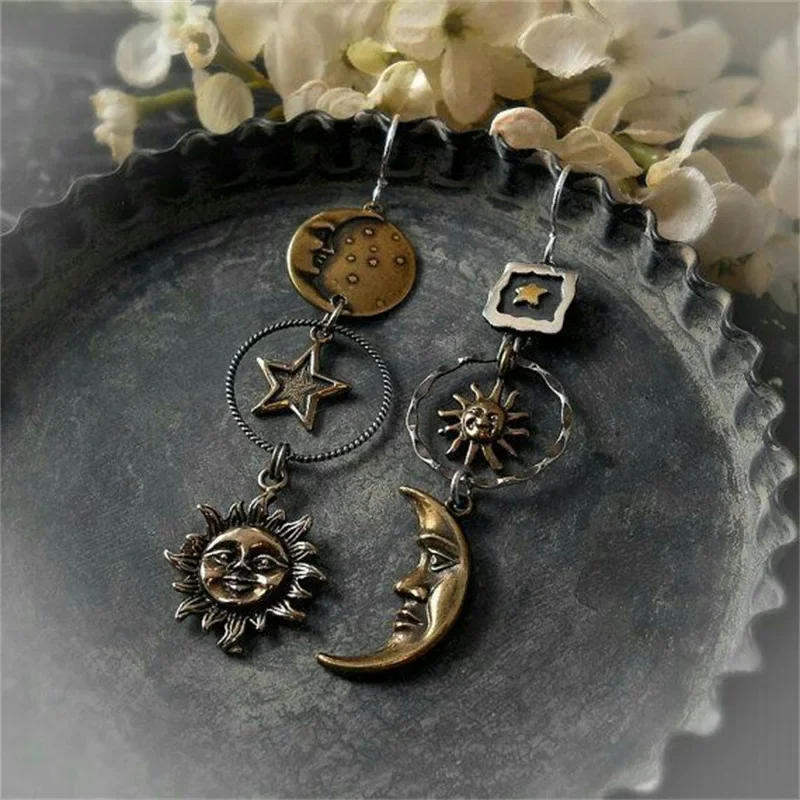 Retro Pentagram Sun and Moon Long Earring Dangles Boho Earrings for Women Jewelry Accessory