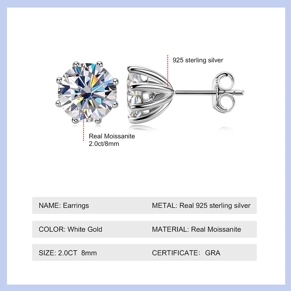 4 Carat a Pair Moissanite Diamond Stud Earrings for Women  925 Sterling Silver Plated White Gold Stud Ear Luxury Wedding Jewelry