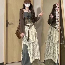 Lace Irregular Skirt Grunge Fairycore Women Vintage Y2K Boho Aesthetic Coquette Low Waist Mid Skirts Holiday Outfits