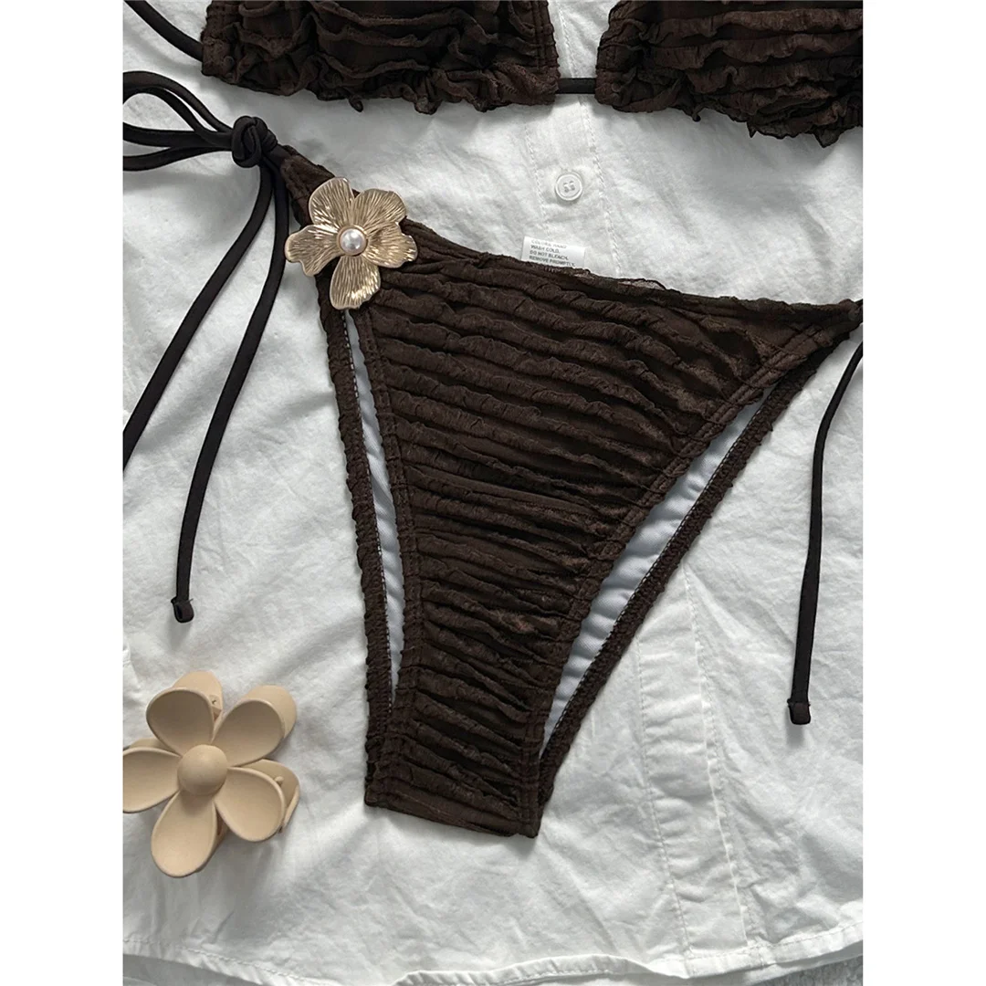 Zweiteiliges Bikini-Set mit Metallblumen-Design, Neckholder-Bikini, Damen-Badeanzug, Damen-Bademode, geraffter, gepolsterter Badeanzug, Badebekleidung, Modell V7478. – Detail 36