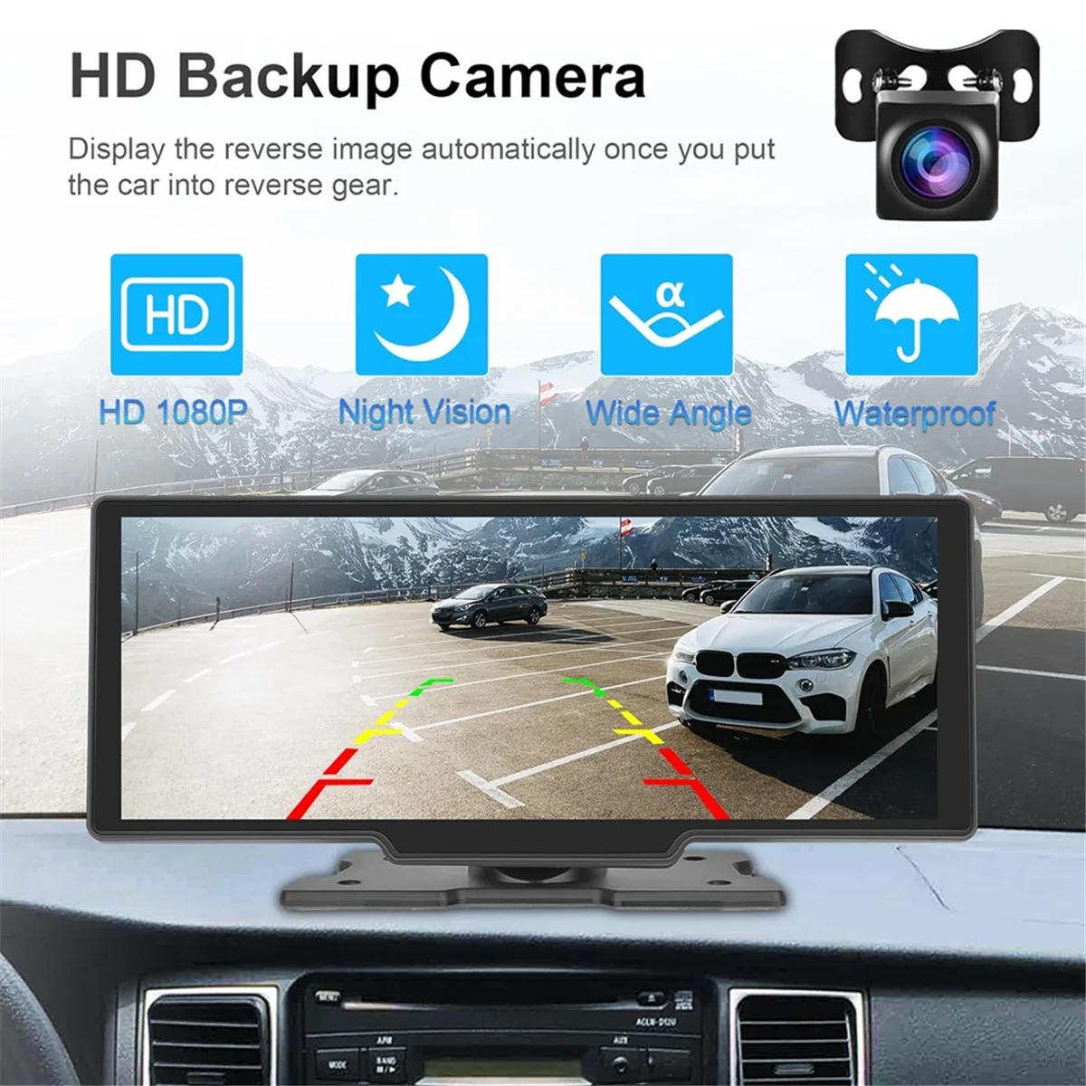 10.26Inch Wireless Carplay & Android Auto Stereo with AHD Backup Camera, Portable Car Radio Bluetooth Mirror