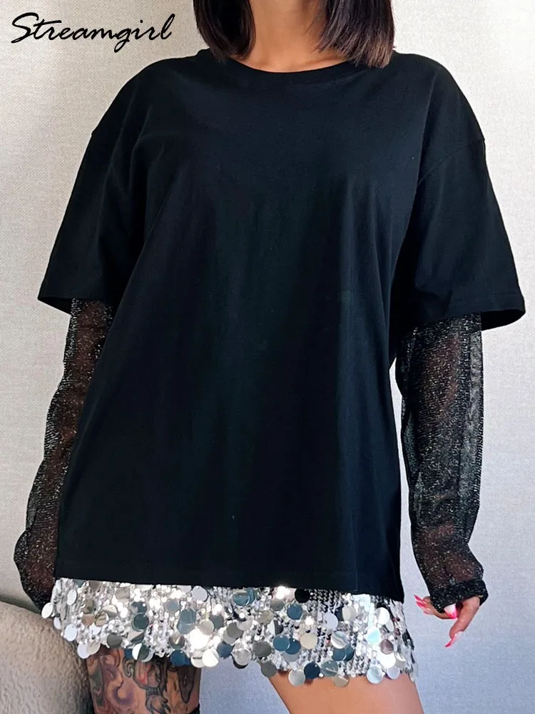 Oversize T Shirt Women Transparent Long Sleeve White Mesh Tops Black Bright Silk Tees Summer 2025 Women\'s T-Shirts Loose Tshirts
