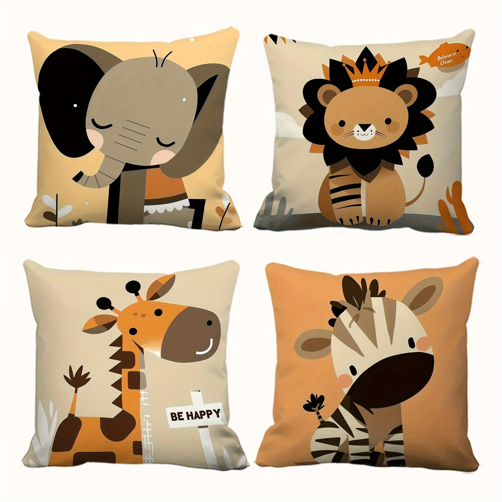 Cute Safari Animal Print Pillowcase Set for Kids Nursery Decor Jungle Throw Pillow Covers Elephant Lion Giraffe Zebra 4 Pieces 4