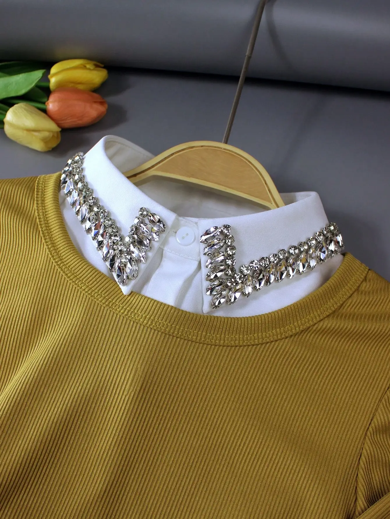 ياقة فاخرة قابلة للفصل عالية الجودة مع كريستالات متألقة - ياقة قميص نسائية أنيقة براقة ومتعددة الاستخدامات لجميع المواسم