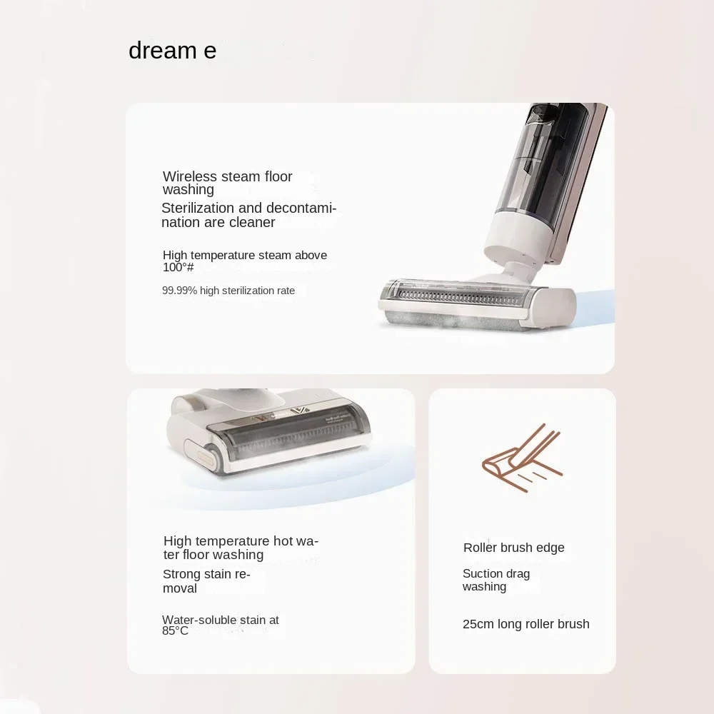 Dream T12 intelligent wireless steam floor scrubber for high-temperature floor scrubbing, roller brush Welt mop cleaning