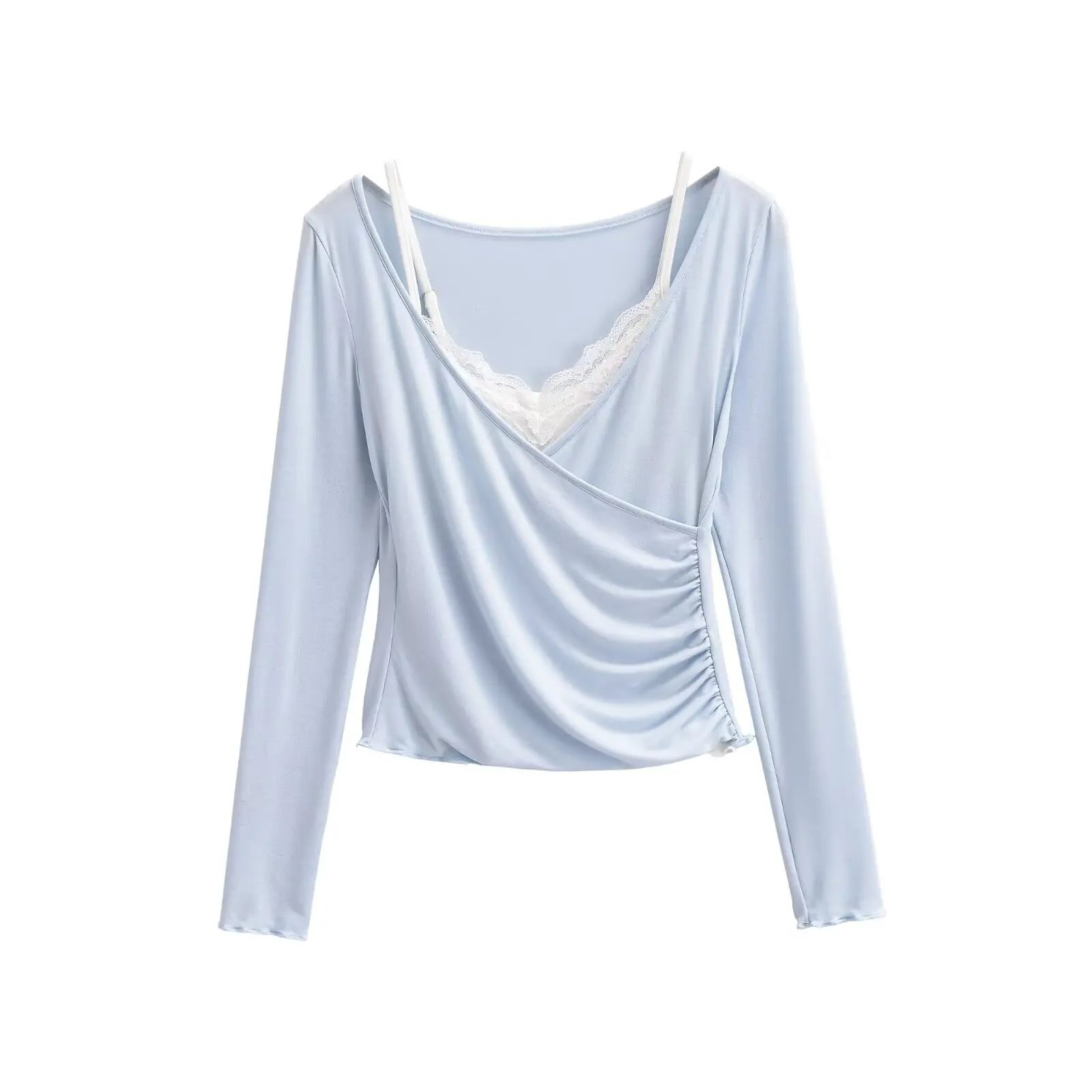 Camiseta larga azul v-ne Sve para mujer, conjunto Sexy de puro deseo de otoño, chaleco con tirantes, Top en capas, conjunto de dos piezas con adornos de encaje para ir al trabajo