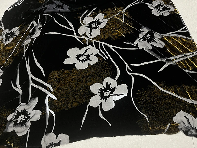 High Quality Real Silk Gold Velvet Fashion Black Bottom Yellow Flower Hollow out Etched-out Fabric Cheongsam Qipao Dress Cloth