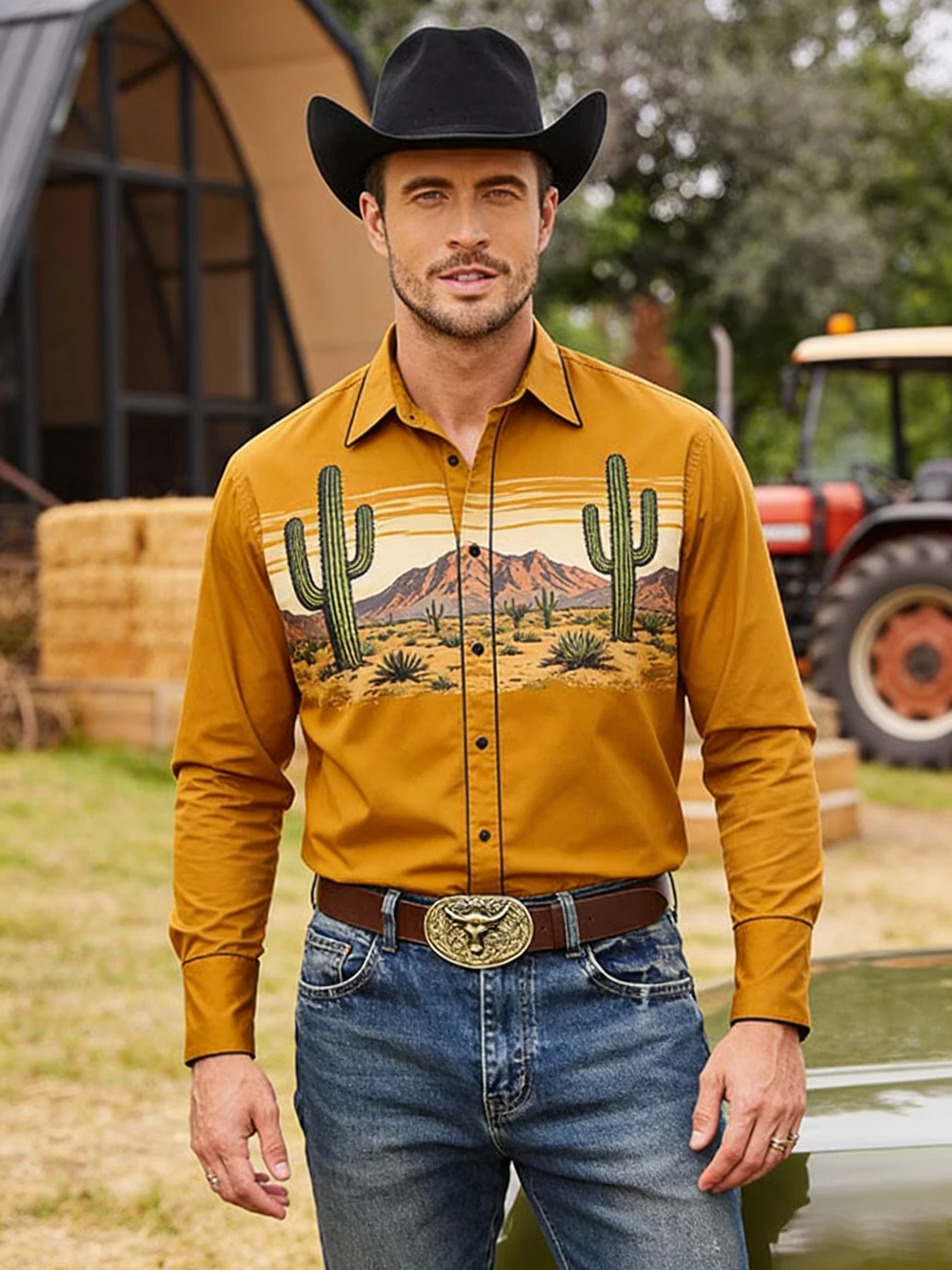 New Mens Western Cowboy Country Style 3D Printed White Shirt Long Sleeve Lapel Button Business Casual Hawaiian Shirt Men for You