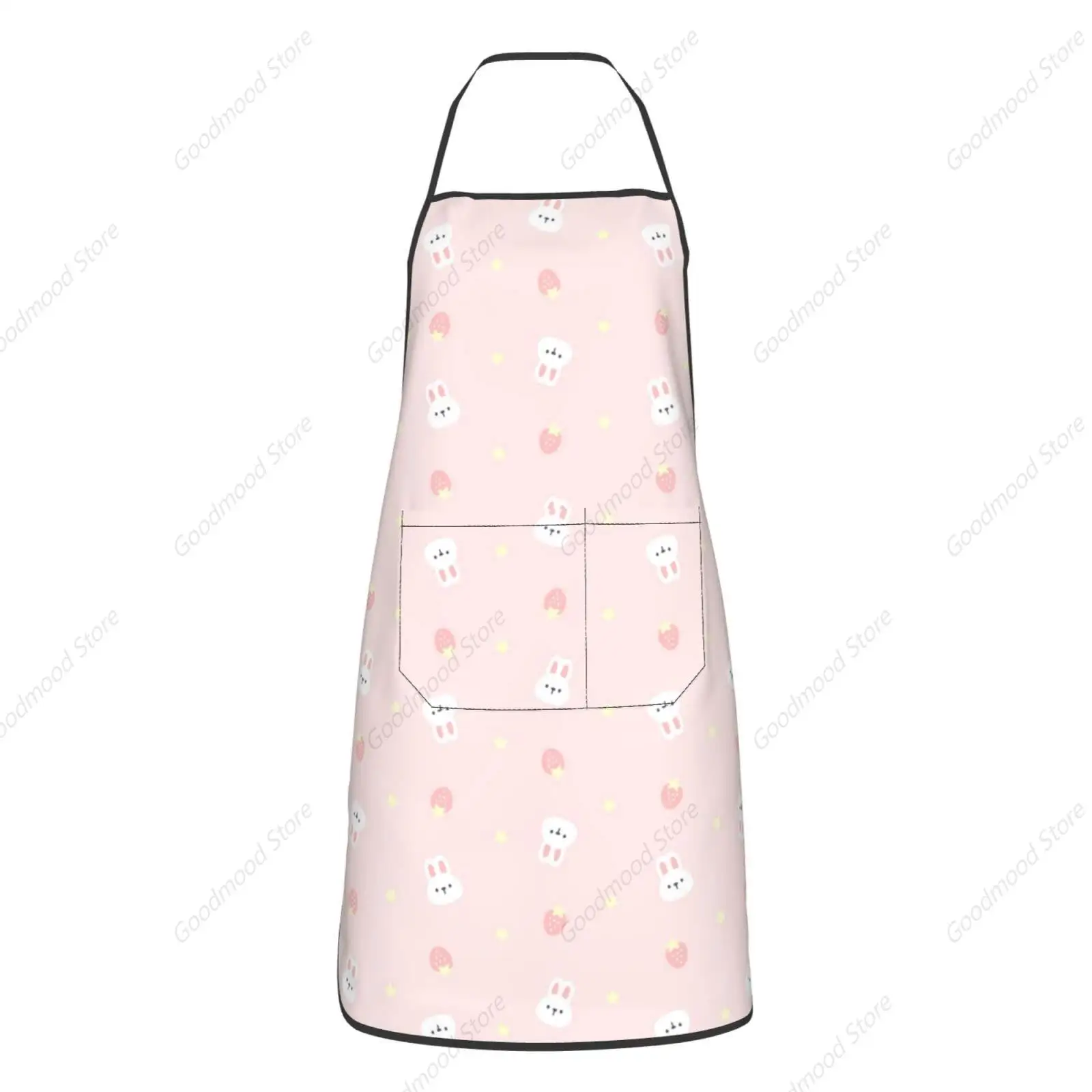 Cute Rabbit and Strawberry Apron for Men Women with 2 Pockets, Animal Bunny Waterproof Adjustable Aprons for Cooking Dishwashing