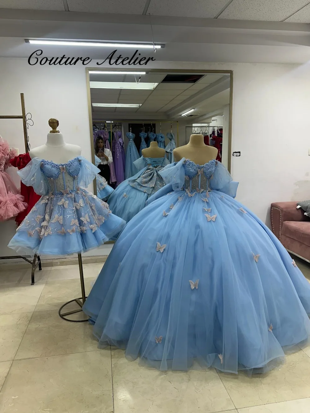 

Sky Blue Butterflies Quinceanera Dresses Applique Ball Gown Ruffles Beads Mexican 2025 Birthday Luxury Dress Customized