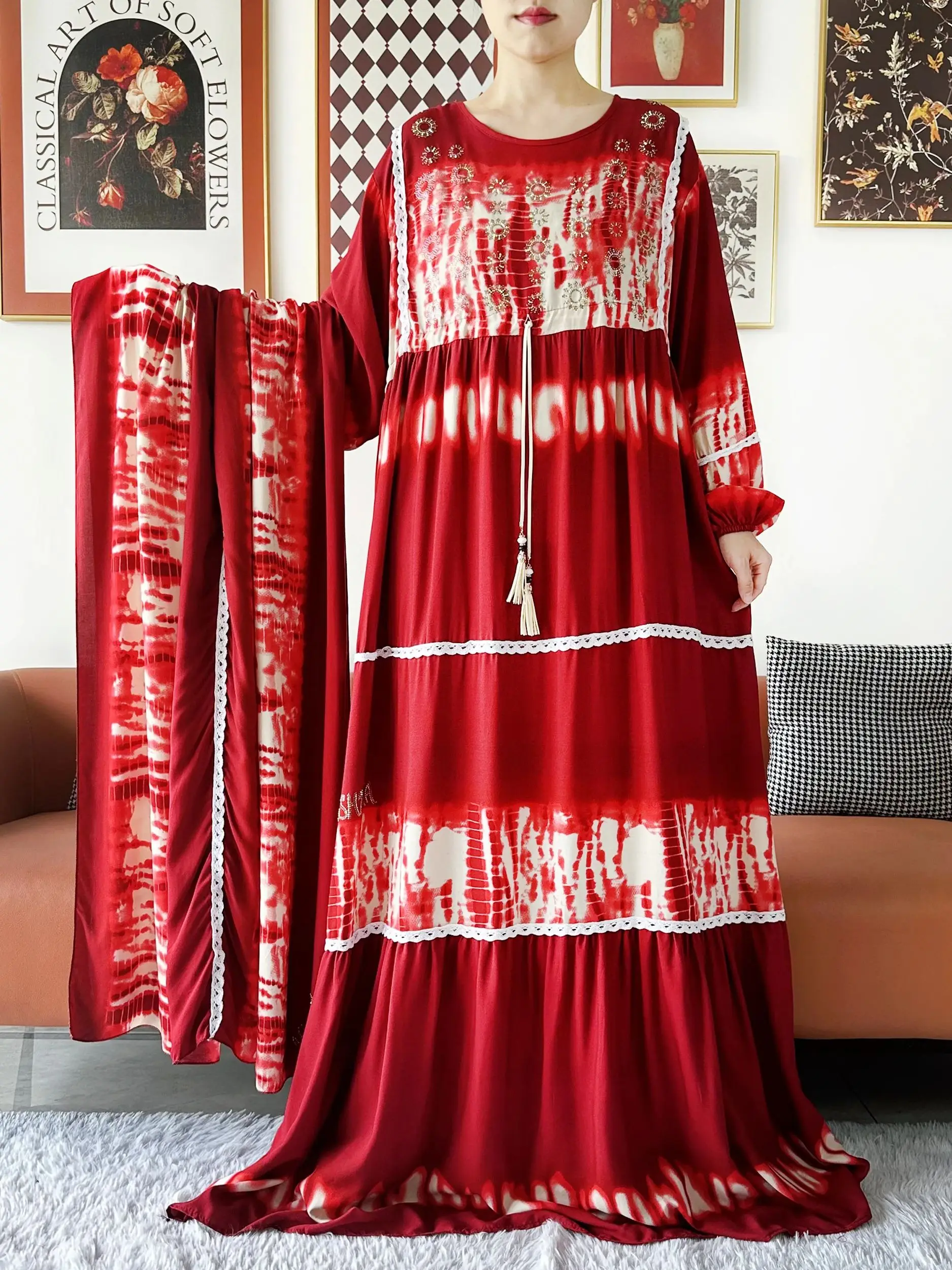 High Grade Design Dubai Frauen Abaya Langarm Herbst Kleid Baumwolle Mit Großen Schal Boubou Maxi Islam Frauen Kleid Afrikanische Abaya