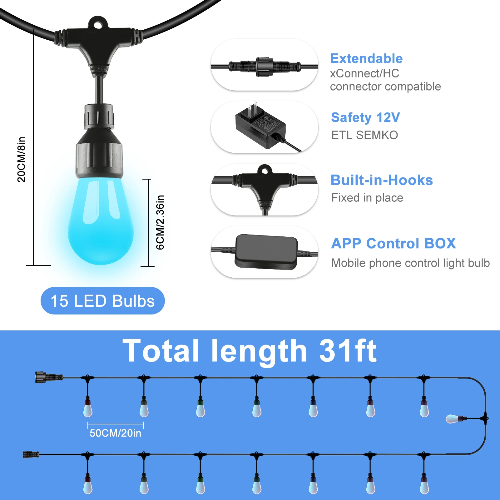 الذكية S14 12V WS2811 مقاوم للماء بيكسا لمبات 15 عدد المصابيح 20 بوصة تباعد RGB أضواء سلسلة في الهواء الطلق
