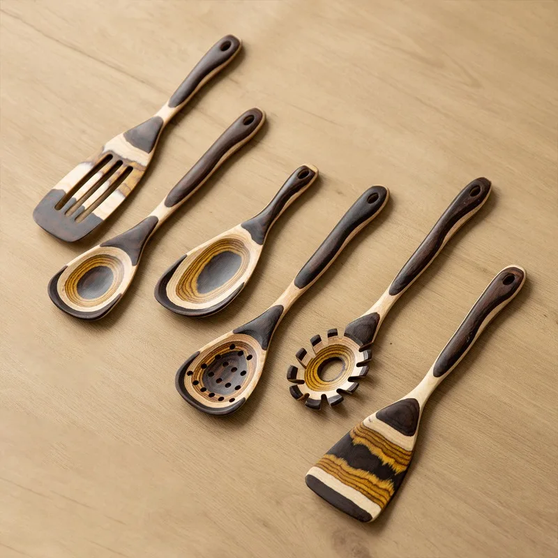 Retro Moroccan Style Gradient Color Wooden Cooking Utensils Kitchen Stir Fry Wooden Spoons for Cooking /Kitchen Utensils Set