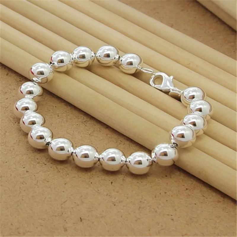 

925 Sterling Silver 8mm/10mm Hollow Circle Ball Beads Beaded 20cm Bracelet Woman Charm Fashion Jewelry