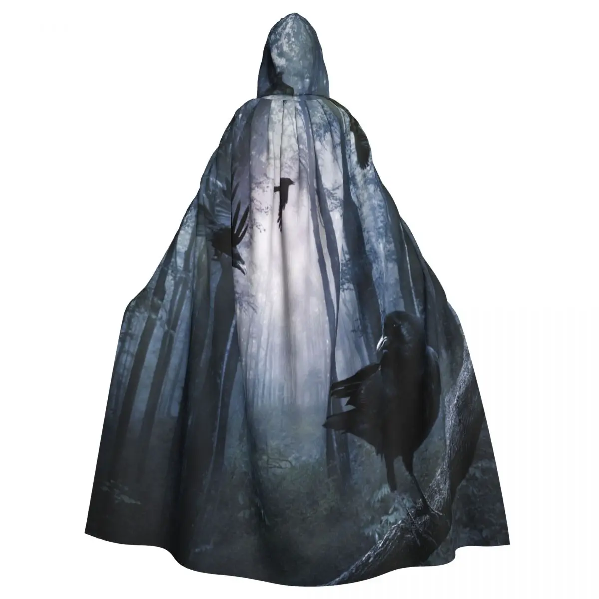 Black Crows Flying In The Night Forest Hooded Cloak Polyester Unisex Witch Cape Costume Accessory