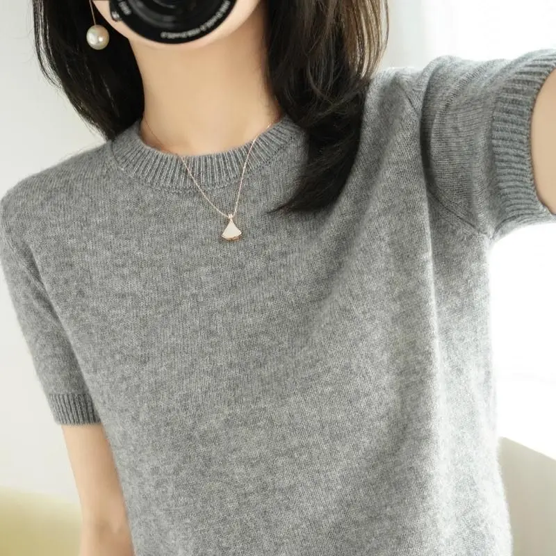 Summer Women\'s Clothing Round Neck Solid Color Pullover Sweater Knitted Short Sleeve Screw Thread Elegant Comfortable Tops