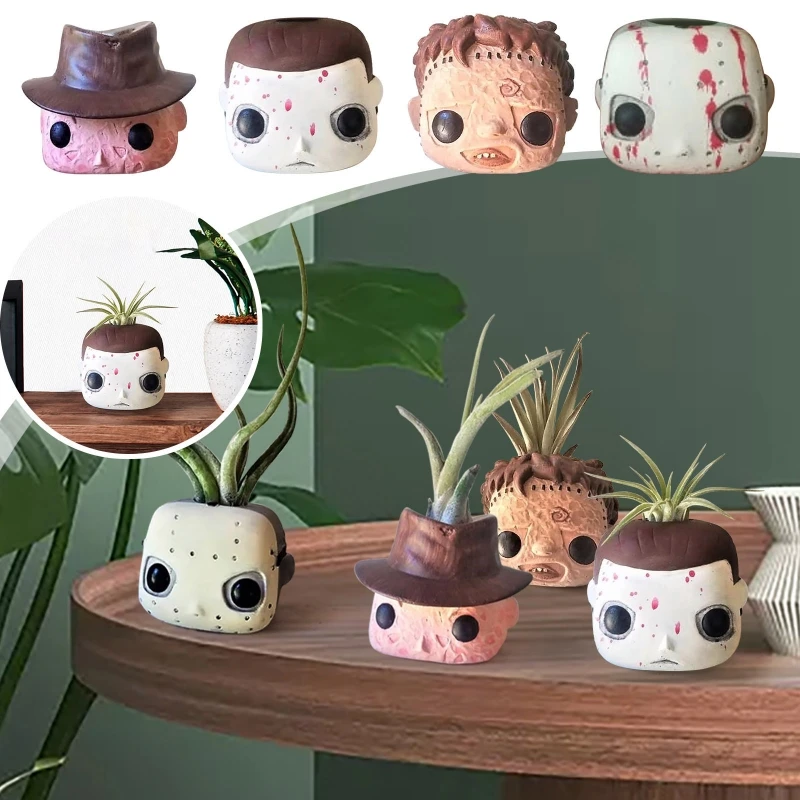 Horror Movie Characters Face Shape Resin Flowerpot Cartoon Cute Mini Flower Pot Creative Desktop Art Decor Prop Accessories