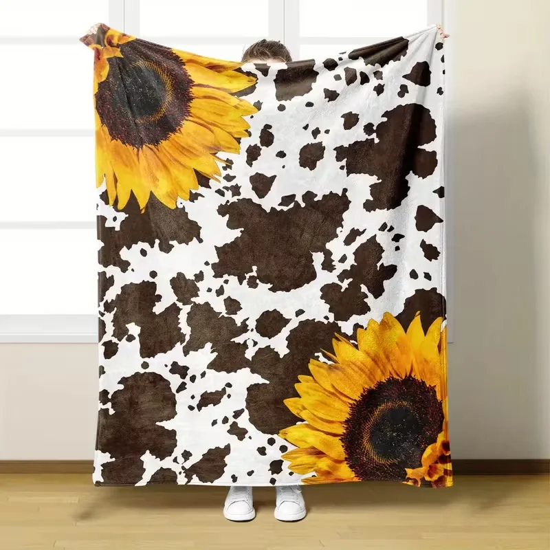 Cow Print Sunflower Blanket Brown Cow Spots With Yellow Daisy Floral Soft Blanket Rustic Farm Decor Bed Couch Travel Blanket