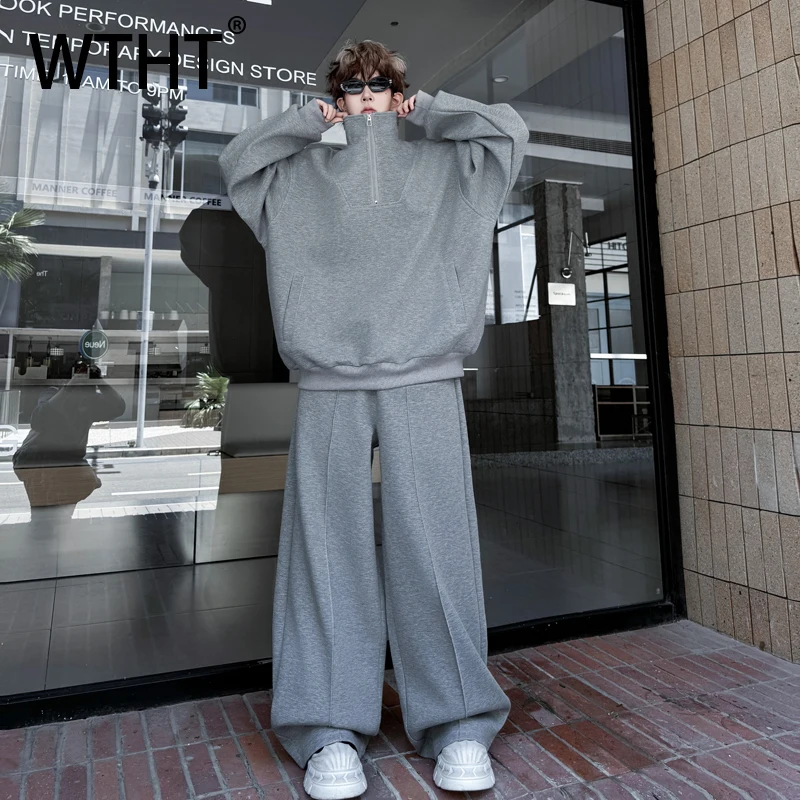 

WTHT Fashion Men’s Suit Solid Color Stand Collar Long Sleeves T-shirts High-waisted Casual Pants Set Male 2025 Autumn 2A1583