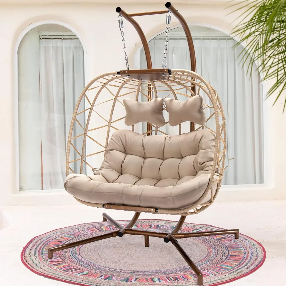 

Double Swing Egg Chair with Stand Large 2 Person Indoor Outdoor Wicker Patio Twins Basket Hanging Chair with Beige Cushions