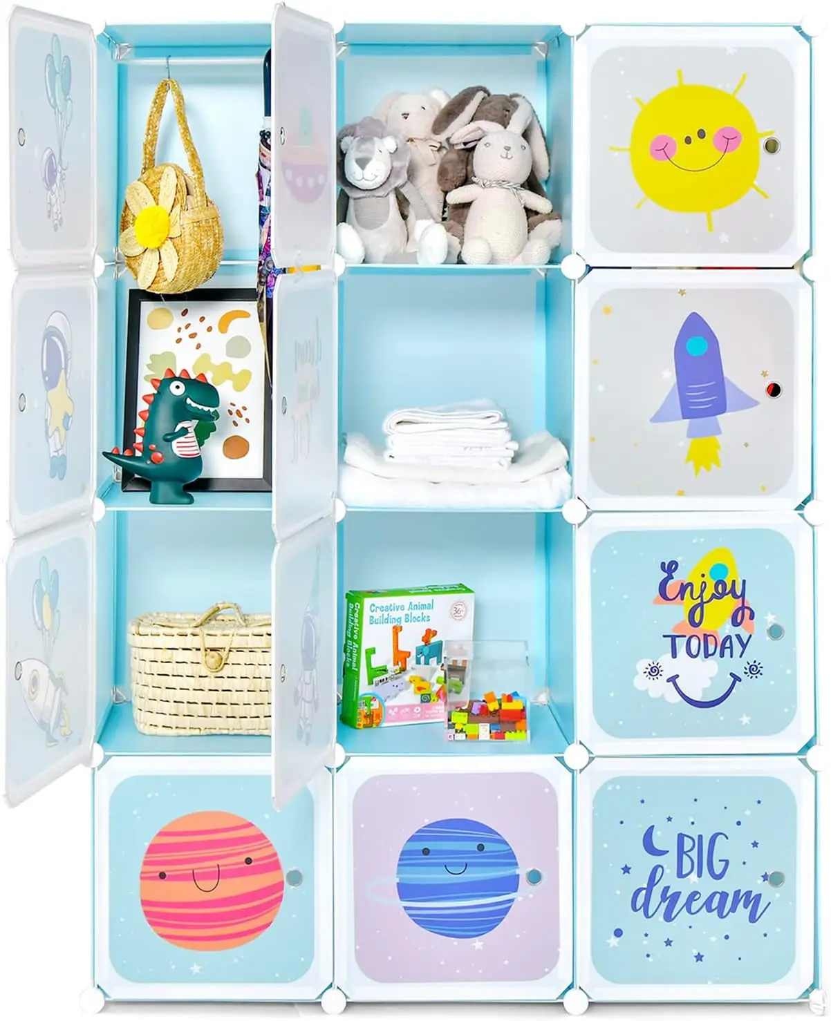 Bonito armario con puertas para dormitorio de niños, 12 cubos, 2 secciones colgantes, organizador de almacenamiento de ropa para niños (azul, 12 cubos)