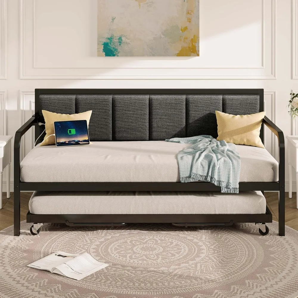 Daybed with USB Charging Station and LED, Height Adjustable Twin Daybed with Trundle, Grey Upholstered Bed Frame with Steel Slat