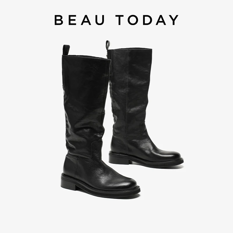 BEAUTODAY Long Boots Women Cow Leather Round Toe Mid Heels Knee-High Autumn Female Badge Black Knight Boots Handmade 01496