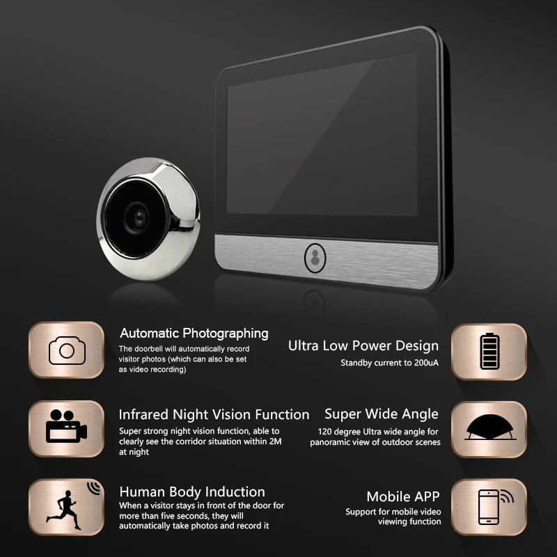 Damini 4.3'' HD Video Electronic Doorbell Smart Camera Cat Eye Night Vision Human Body Detection Automatic Capture Eye Peephole