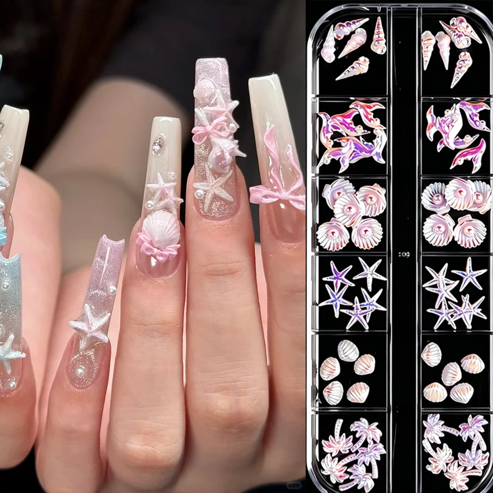 12 rejillas de adornos para uñas de verano con diseño de estrella de mar rosa, conchas, árboles de coco y cola de sirena, en rosa aurora 3D, para decoración DIY