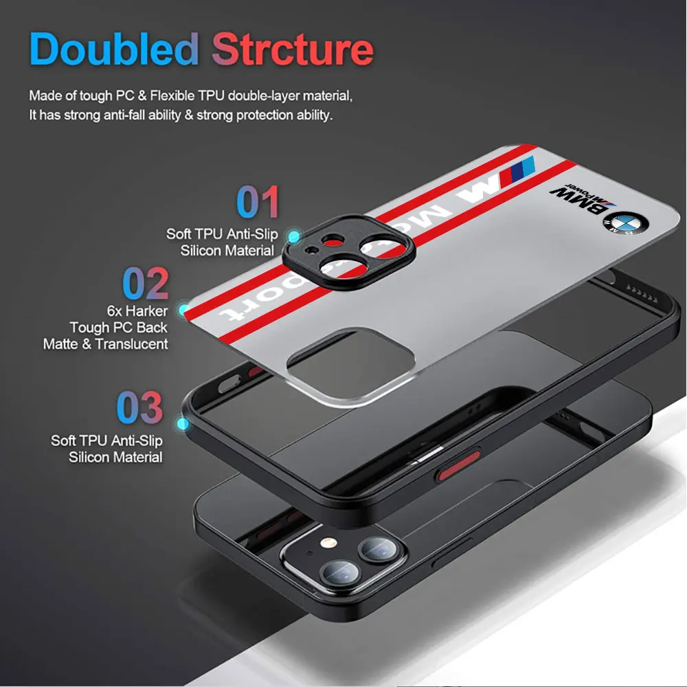 Phone Case for iPhone 14 Pro SE XR 13 Mini 7 8 Plus 11 Pro XS Max 15ProMax 12 Matte Cover M Power-B-MW-Car Shockproof Back