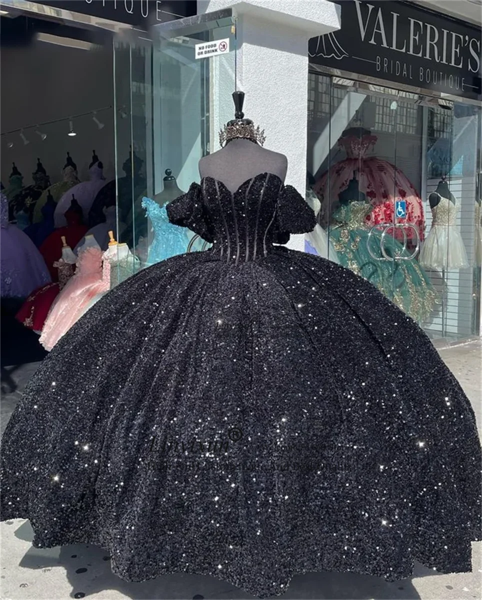 Vestido De baile De princesa para quinceañera, brillante, negro, lentejuelas De lazo, dulce 16, Vestidos De fiesta, 15 Años, Vestidos De boda