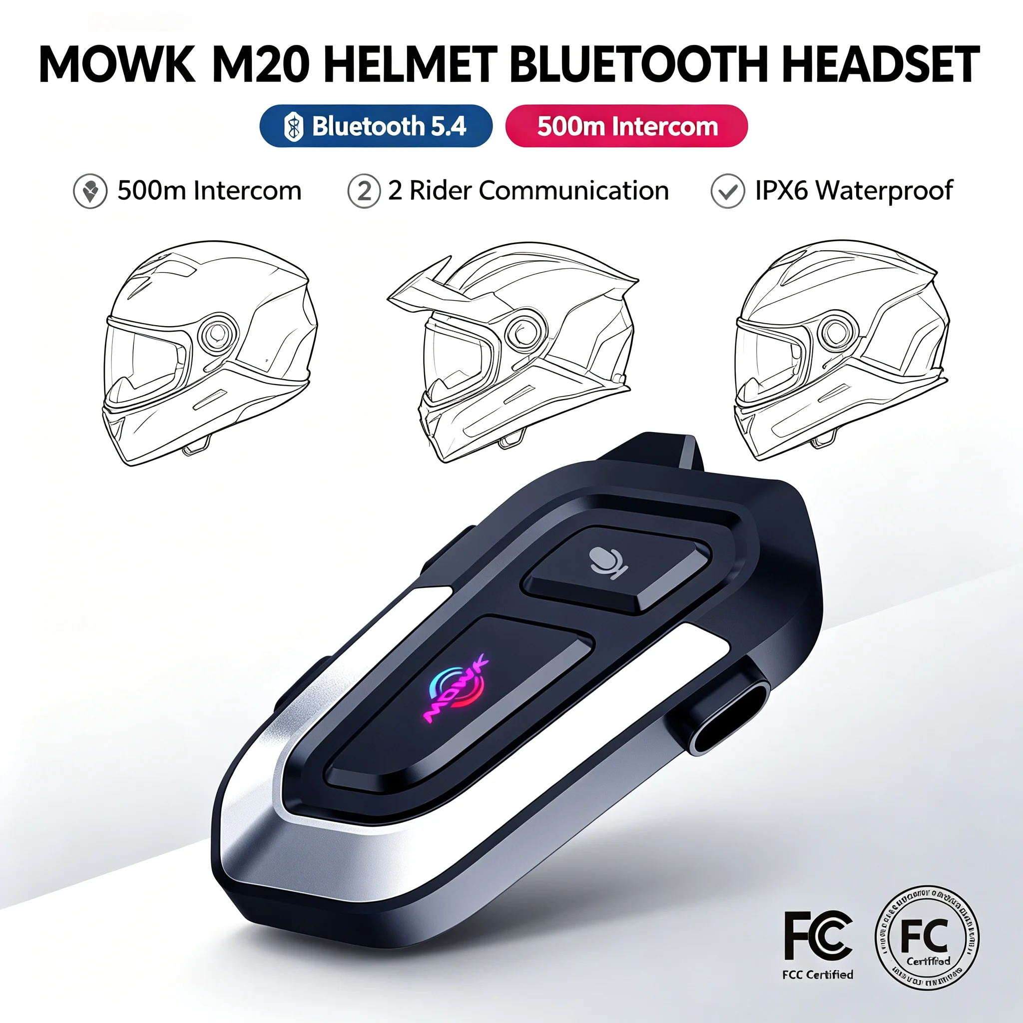 MOWK Bluetooth 5.4 Motorcycle Helmet Intercom Headset 2 Riders 500M IPX6 Waterproof Noise Cancellation AI Voice Moto Interphone
