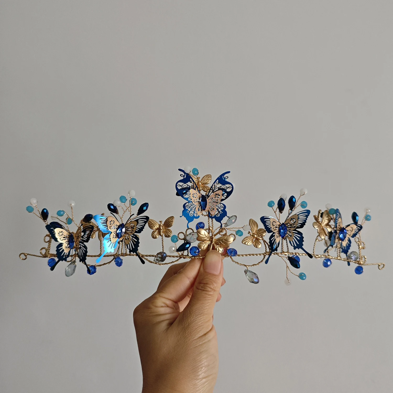 Blue And Golden Butterfly Forest Style Elf Hair Vine for Bridal Wedding Portrait Styling Fairy Travel Photography  Accessory