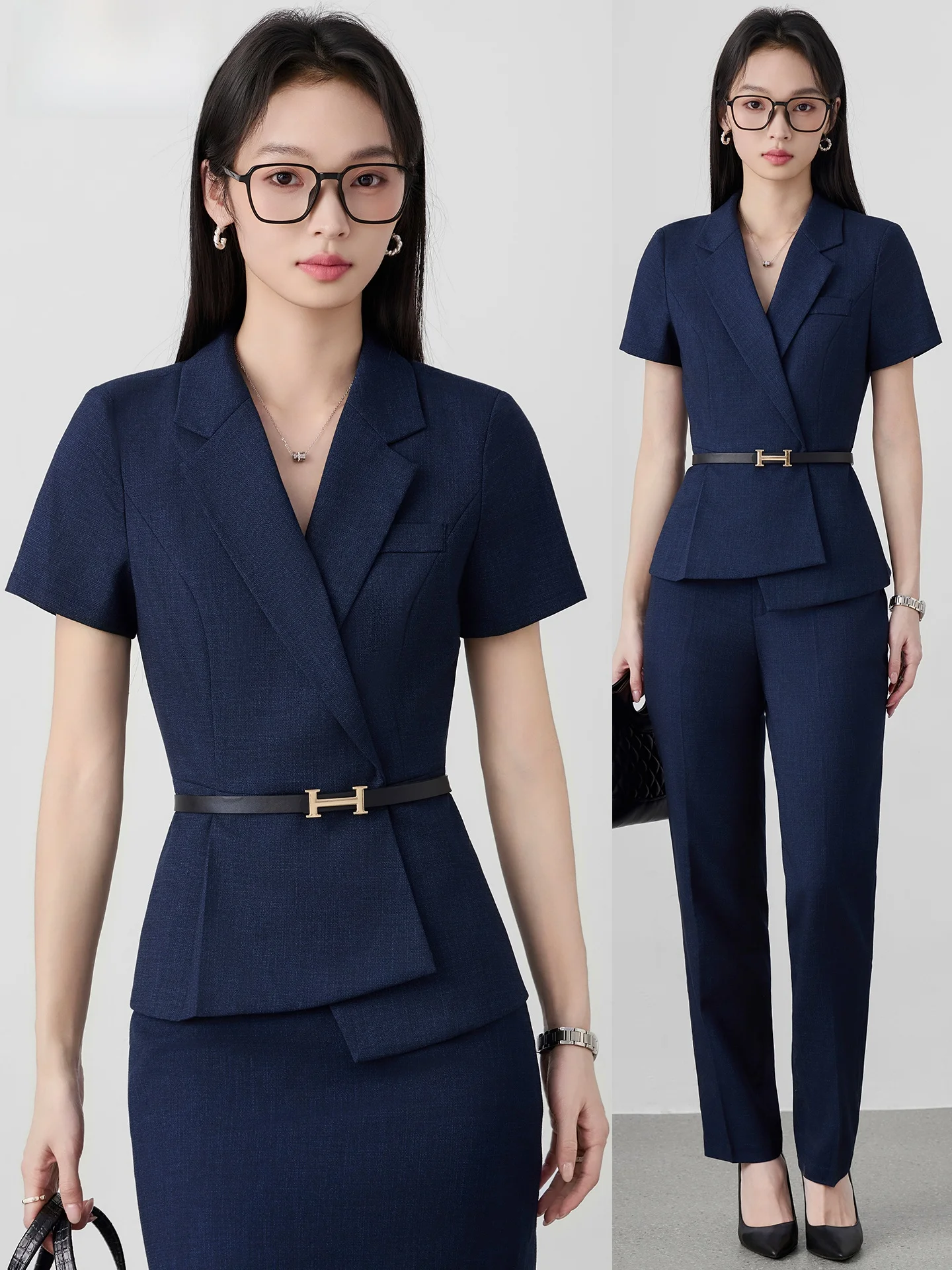 

Blue ort Sve Suit Set for Women Summer New Sle Profional Jewelry Store Front Desk Reception Work orm Commute Wi...