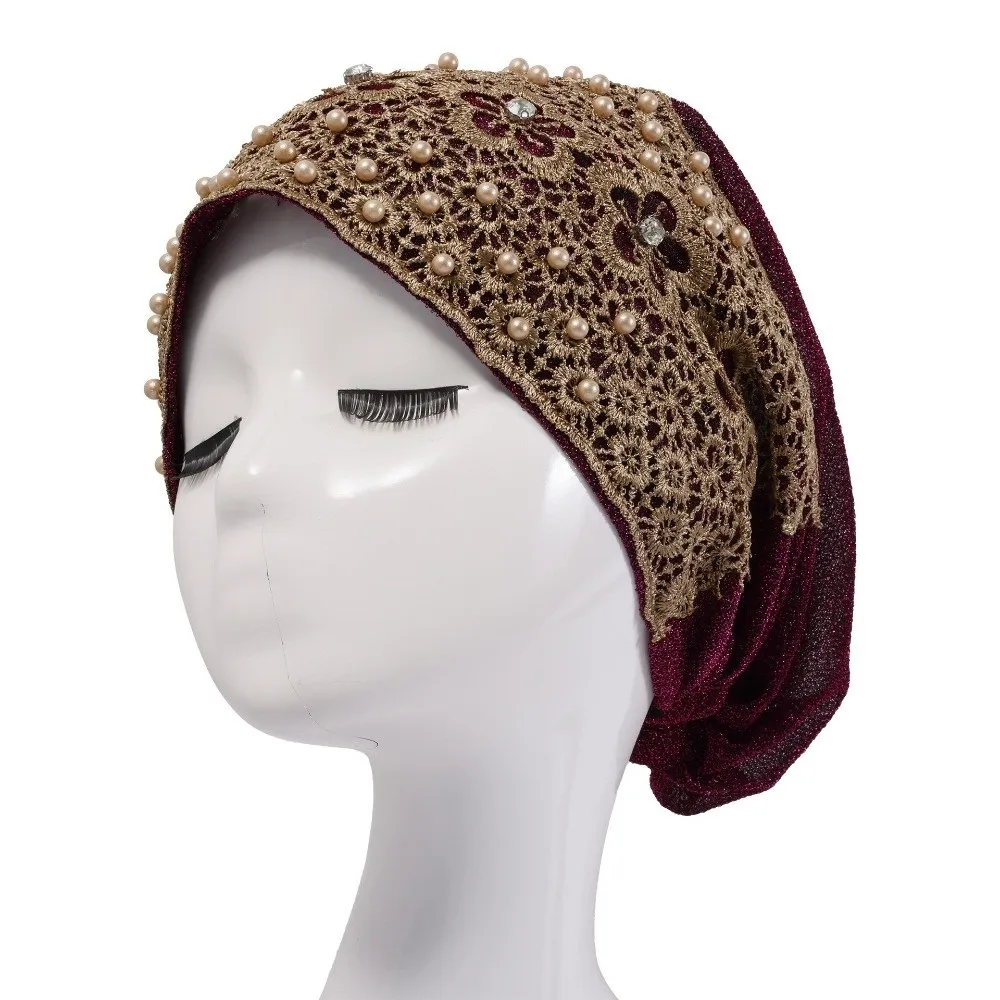 Comfortable Embroidery Women's Lace Turban Cap Lace Trim Floral Pattern Muslim Headscarf Cap Islamic Turban Hat Women