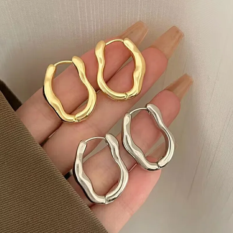 New Smooth Irregular Metal Hoop Earrings For Women Girl Vintage Gold Silver Color Plated Earring 2023 Trendy Jewelry Gifts