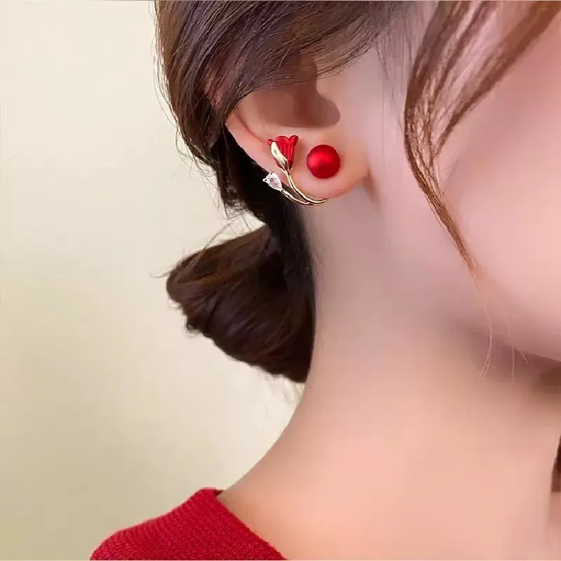 925 Silver Needle Red Tulip Flower Earrings For Women Jewelry 2024 Trending Luxury Back Hanging Black Women\'s Stud Earrings New