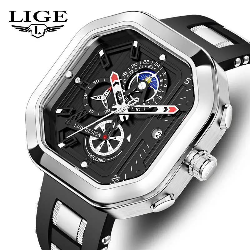 LIGE Clock Fashion Square Watches Men Luxury Sport Silicone Waterproof Men Watch Chronograph Quartz Wristwatch Relogio Masculino