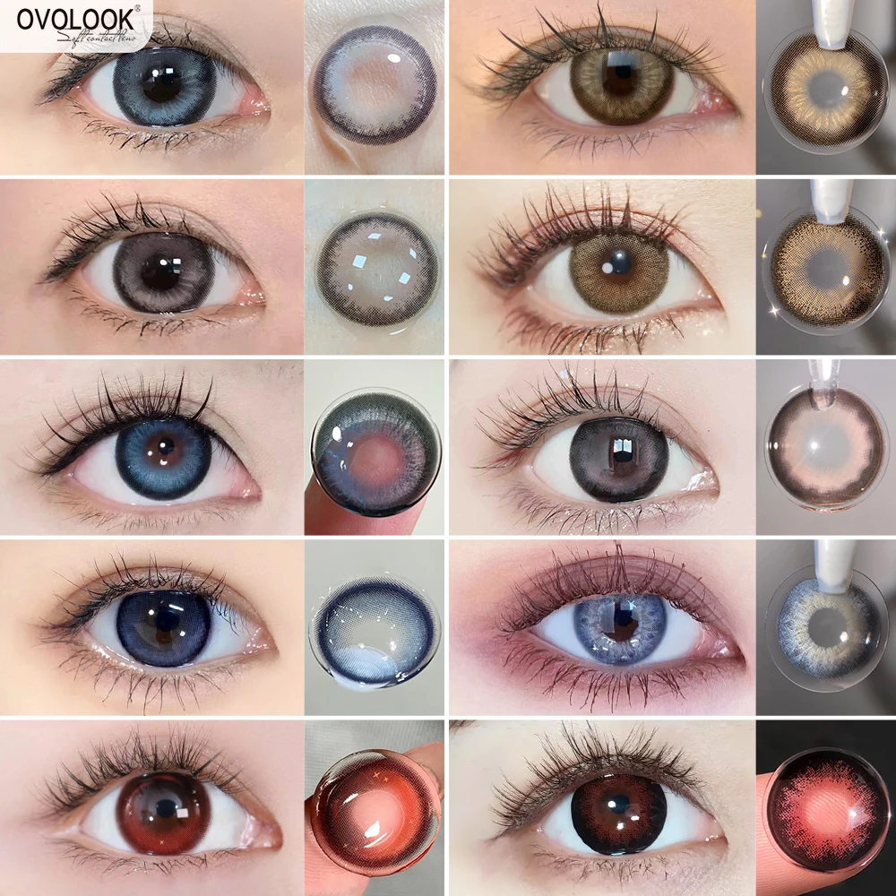 Lentillas cosméticas para pupila, lentes de contacto de Color marrón, azul y rojo, con estuche bonito, por OVOLOOK-2pcs pares