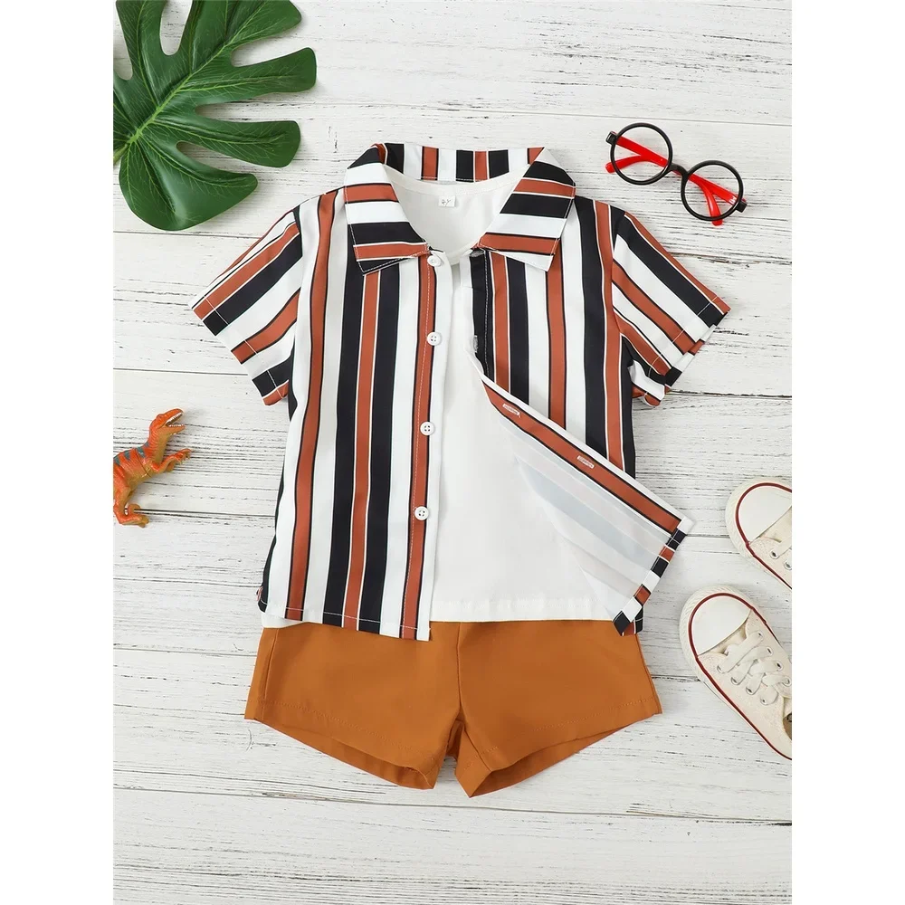 2PCS Summer Kids Boy Clothes Set Striped Short Sleeves Shirt +Solid Shorts Gentleman Daily Casual Outfit for Children 4-7 Years