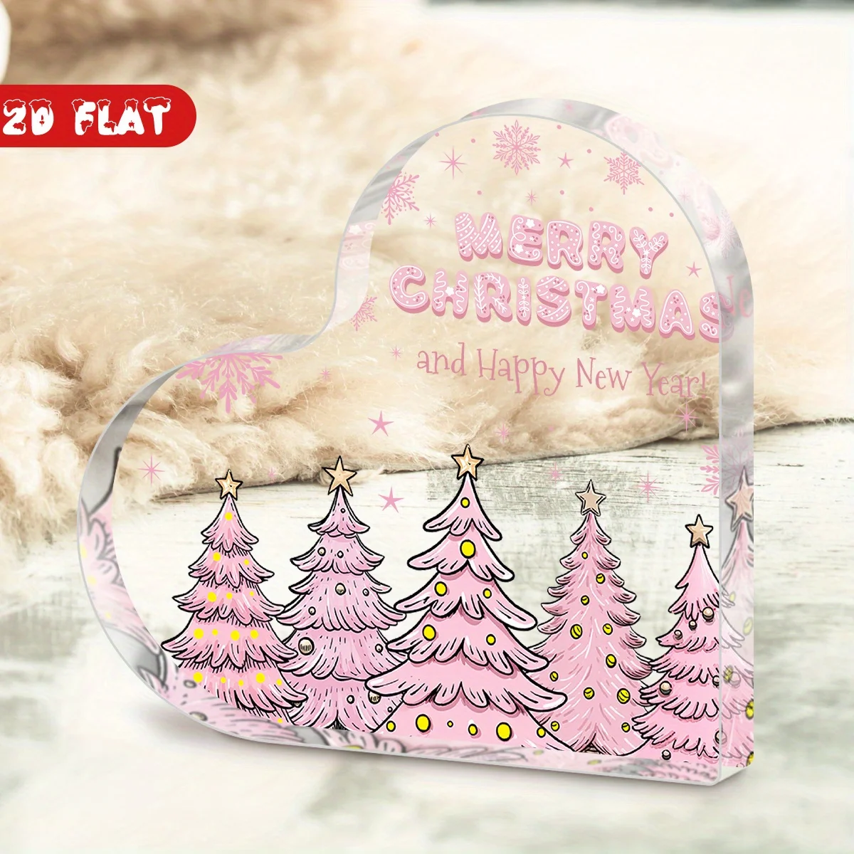 Winter Snowflake Heart Acrylic Keepsake Plaque, Pink Holiday Tree Tabletop Decoration