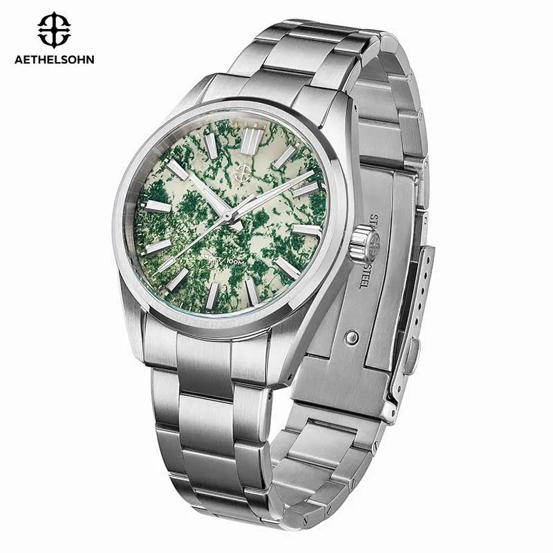 AETHELSOHN Luxury Watch For Men TMI VH31 Sweep Quartz Natural Seaweed Stone Dial 38.5mm Business Watches 100m Waterproof Luminou